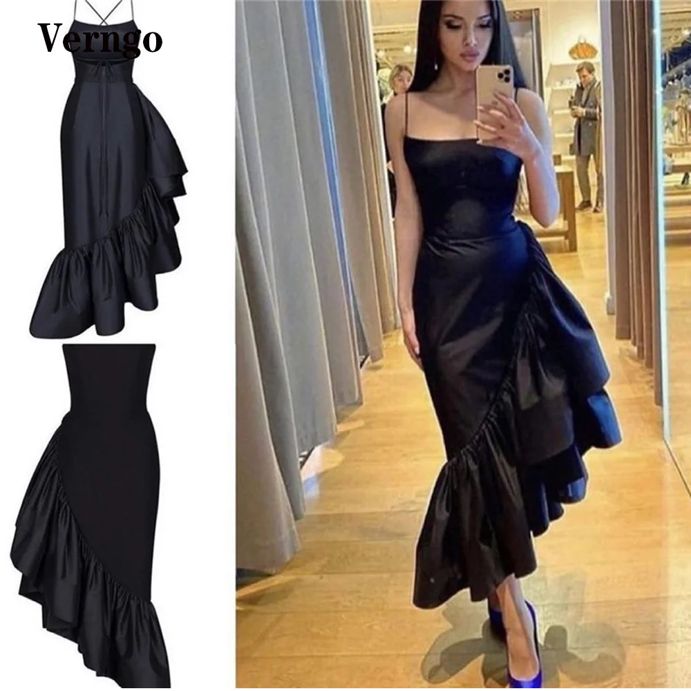 

Verngo Modern Black Taffeta Mermaid Prom Dresses Spaghetti Straps Ruffles Asymmetrical Ankle Length Evening Party Gown