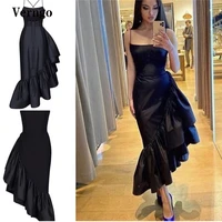 verngo modern black taffeta mermaid prom dresses spaghetti straps ruffles asymmetrical ankle length evening party gown