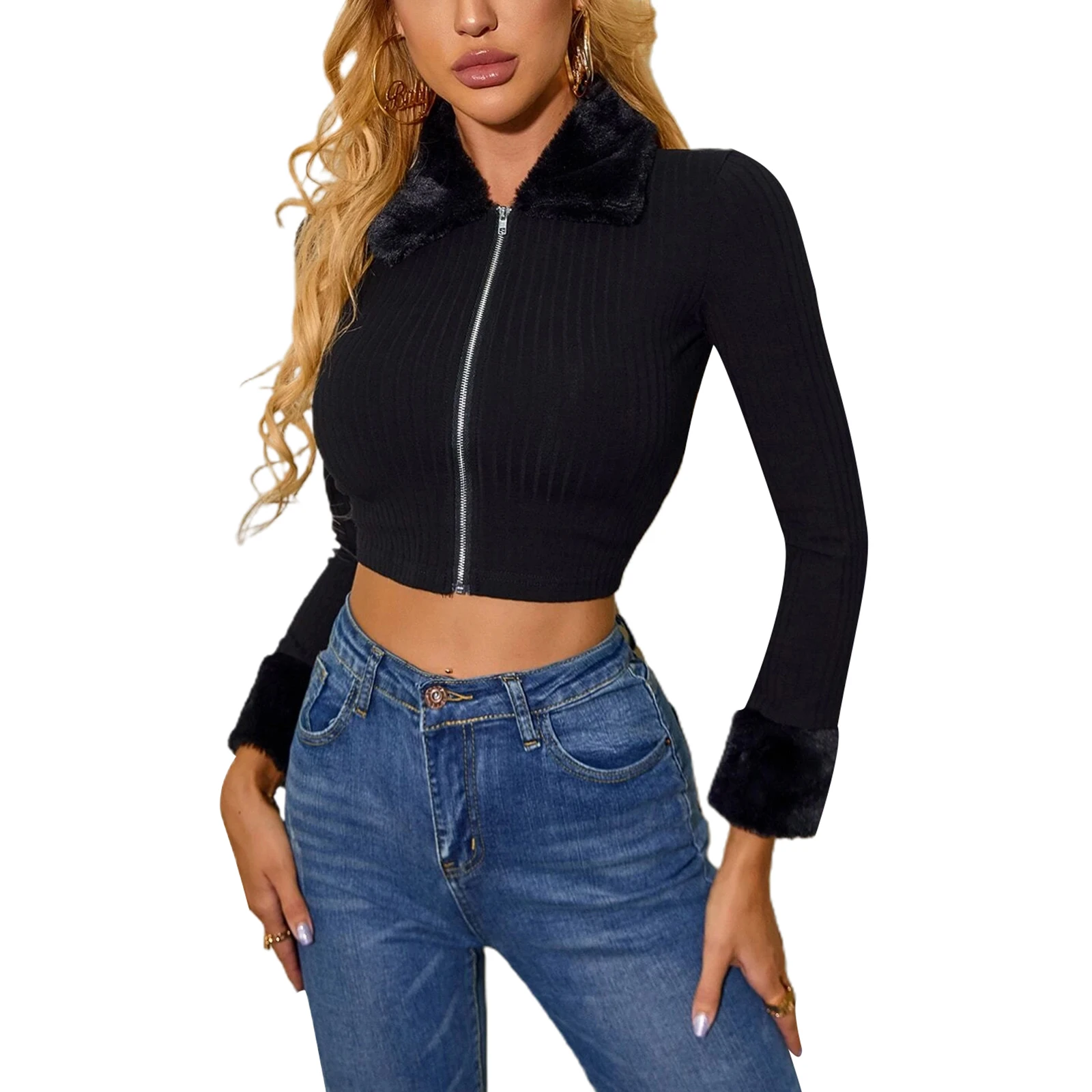 

Women's Solid Color Crop Tops Long Sleeve Plush Lapel Collar Rib Knit Full Zip Jackets