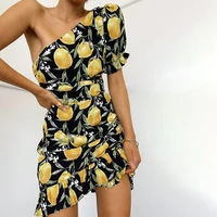 lemon print ruffled pleated summer dress 2021 one shoulder hollow womens dress sexy off shoulder fashion ladies vestidos new