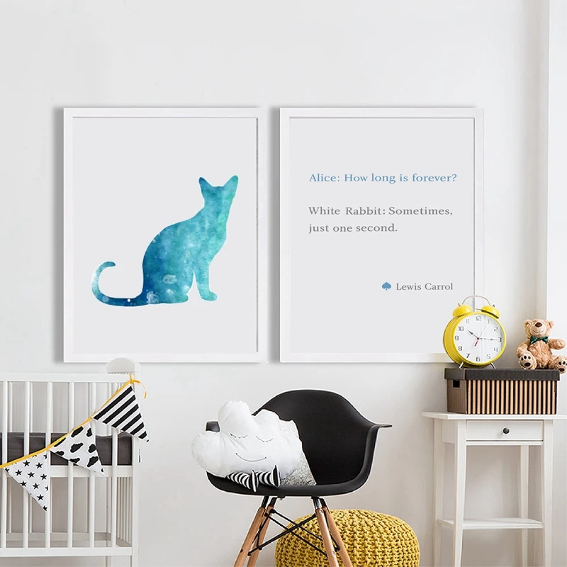 

Cute Cat Alice In Wonderland Blue Cat and Letter Poster Print Canvas Picture Home Children's Room Wall Art Decoration Custom