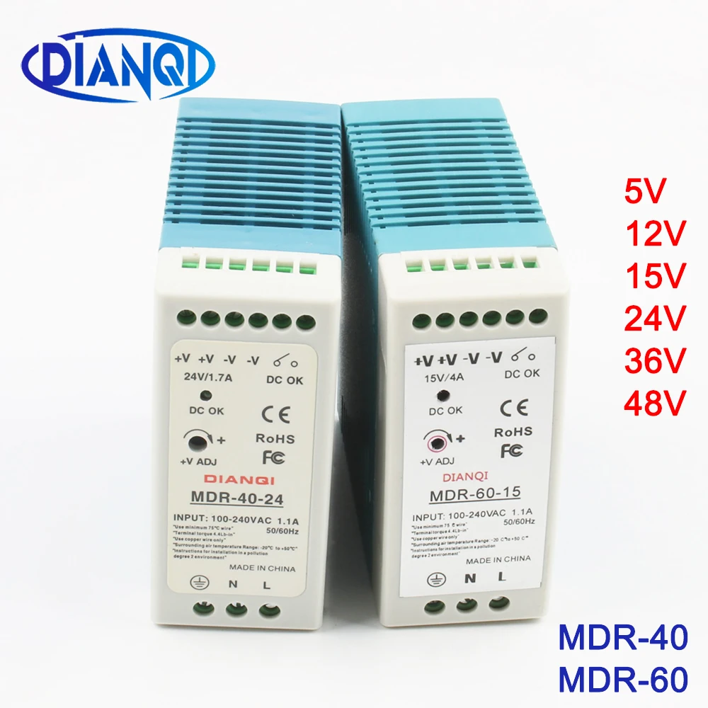 Fuente de alimentación conmutada de Riel DIN Industrial de salida única, tamaño Mini, ac dc MDR 40W 60W, salida de controlador 5V 12V 15V 24V 36V 48V