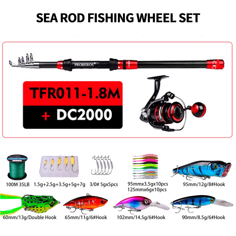 

PRO BEROS Fishing Rod Set 1.8m Telescopic Fishing Pole Kit with DC2000 Spinning Reel Line Lure Hook Tackle Bag