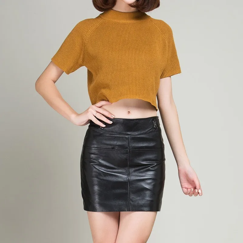 

New black rose yellow skirt leather pencil real fashion summer office lady sheepskin Sexy Mini Skirt