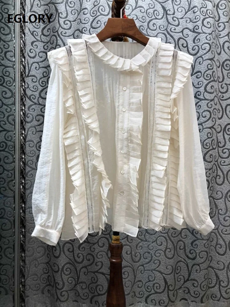

Top Quality Designer Blouses Shirt Women Ruffle Pleated Patchwork Long Sleeve Elegant Silk Cotton Shirts Apricot Blue Tops Femme