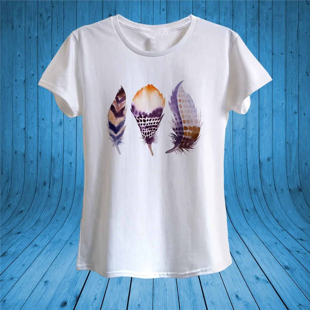 

Three Feathers Boho Bohemian Ladies T-Shirt 100% Cotton Unisex Women High Quality Tee Shirt