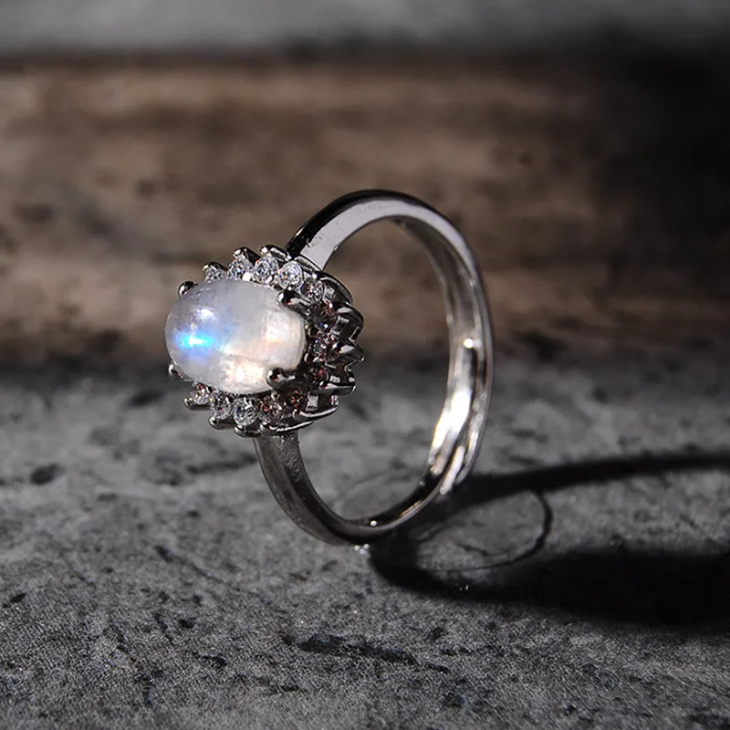 

Natural Crystal Moonstone Ring Female Adjustable Opening Ring 925 Silver For Girlfriend Valentine's Day