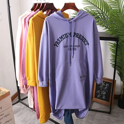 purplish blue Осенний Женский пуловер платье с длинным рукавом с капюшоном толстовки с надписью вышивка платье с капюшоном Длинные хлопковые повседневные толстовки выше колена - Цвет: purplish blue