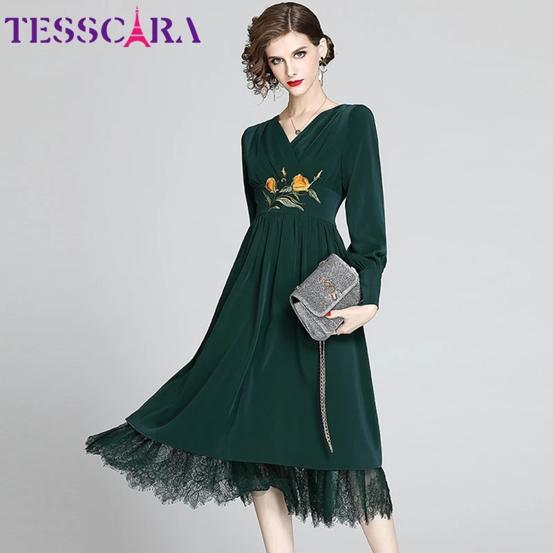 Женское коктейльное платье TESSCARA зеленое элегантное кружевное с вышивкой