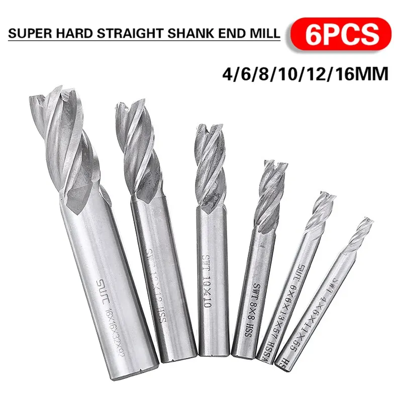 

6pcs End Mill 4mm/6mm/8mm/10mm/12mm/16mm 4Flutes Tialn Coated Micrograin Slot Drills for Wood Steel CNC Milling Cutter EndMills