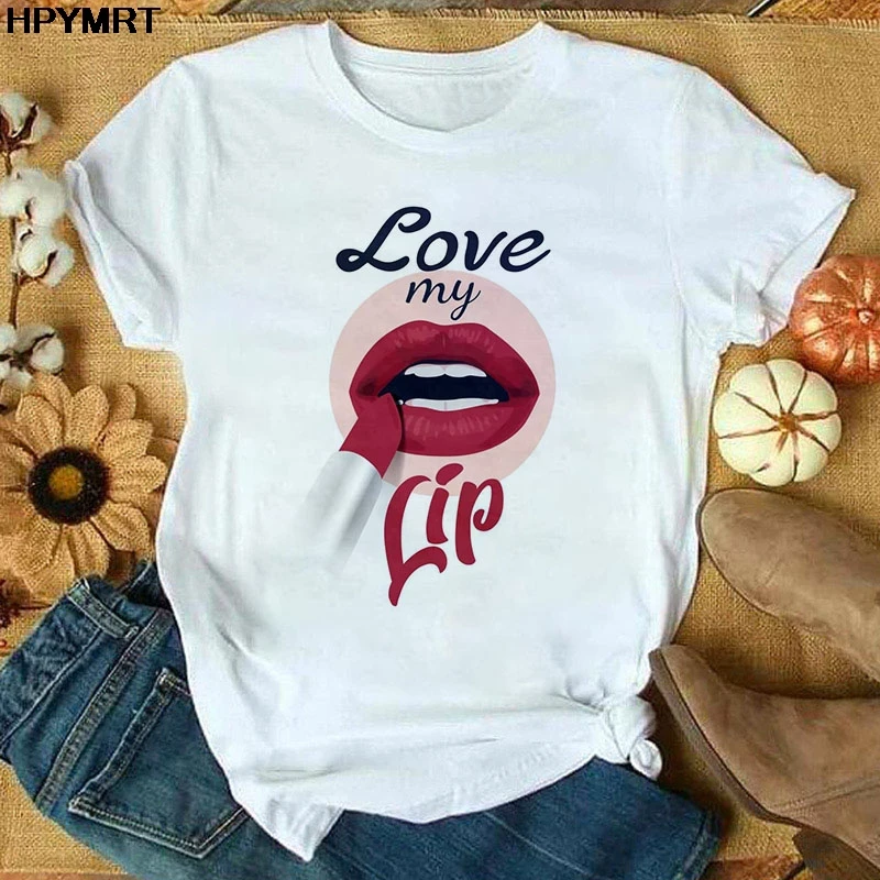 

Love My Lip Print Women's T Shirt Tops Fashion Casual Tshirt Ladies Graphic Harajuku Female T-shirts Clothing White O-neck Tee