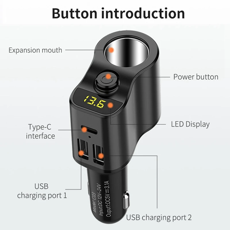 

Car Charger Power Adapter Dual USB 3.0 with Type-C Fast Charge Charger with Cigarette- Lighter with LED Display