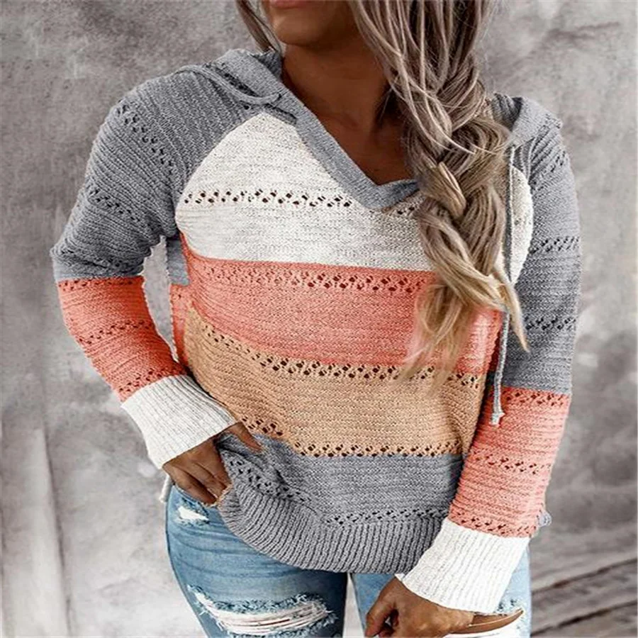 

BoozRey осенние новые женские толстовки, женский свитер с капюшоном, вязаный свитер с длинным рукавом и V-образным вырезом, повседневный Полоса...