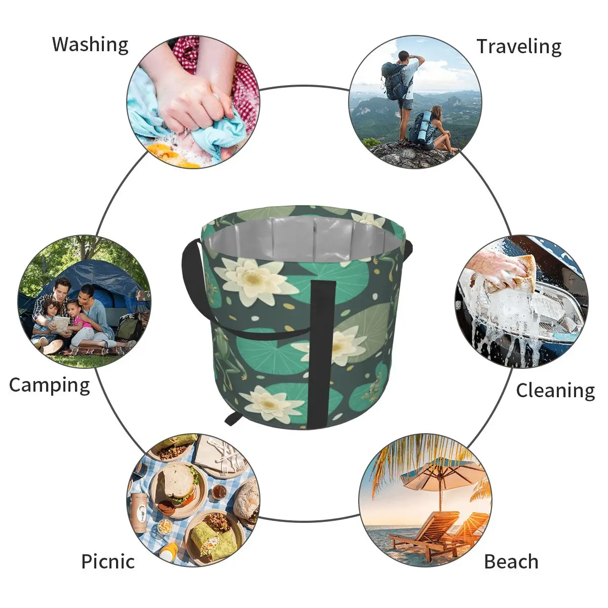 

Foldable Water Bag Gothic Frogs Water Lilies Sports Camping Hiking Storge Water Bucket Picnic Water Container Lifting Carrier