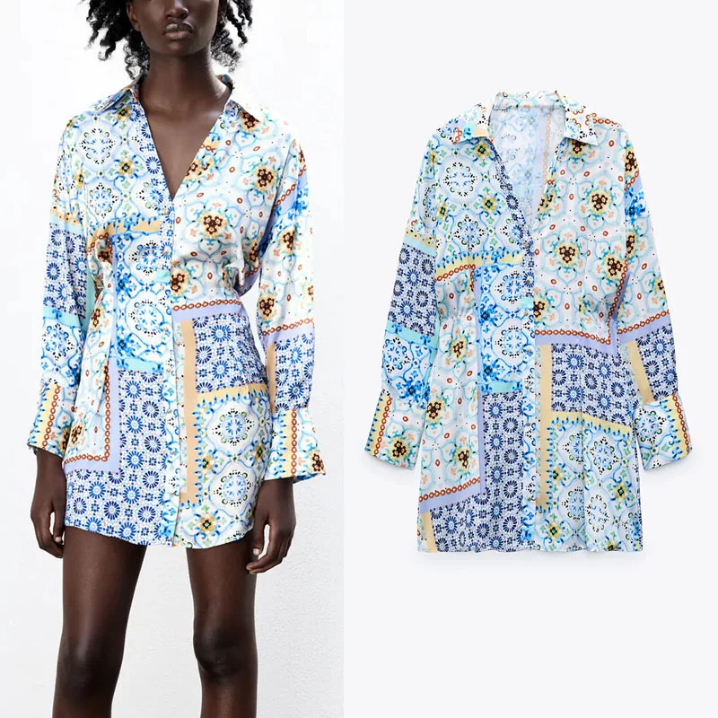 

Женское винтажное мини-платье с принтом Za, Повседневное платье с отложным воротником, длинным рукавом, эластичным поясом и пуговицами, лето ...