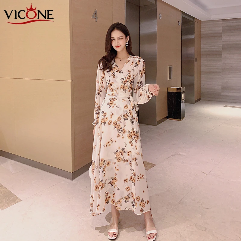 

VICONE floral chiffon dress cultivate one's morality show thin dress smoked Dresse