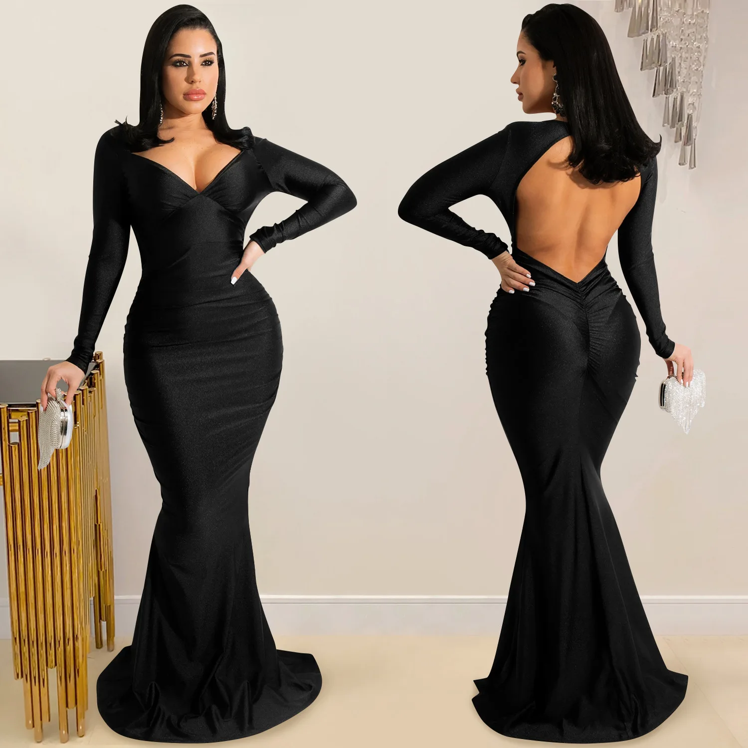 

Elegant Sexy Women Long Dress Long Sleeve Backless V Neck Robe Female Party Vestidos Women Maxi Dresses