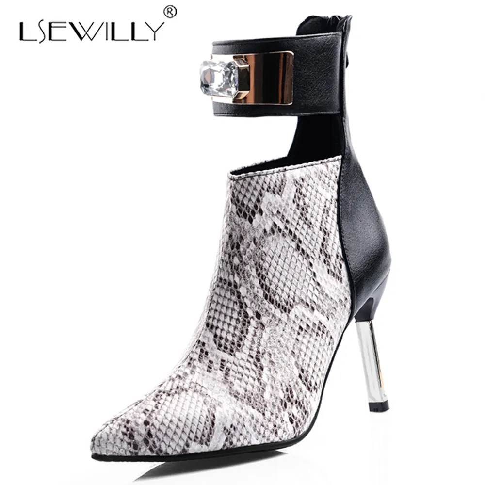 

Lsewilly 2020 женские туфли на молнии сзади с металлическим украшением и кристаллами пикантные полусапожки с острым носком из змеиной кожи на тон...