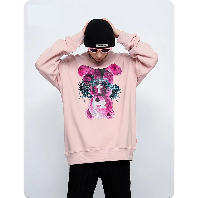 

2021 Autumn and Winter New Fashion Personality Street Bear Reflective Printed Pullover Loose round Neck Cartoon Cotton Men's Wom