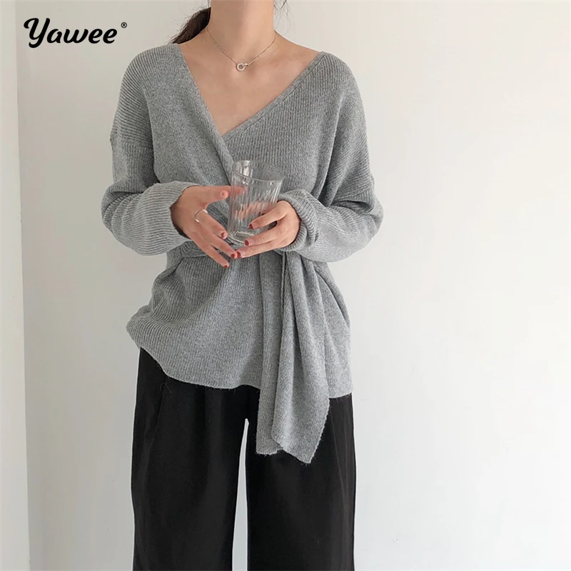 

Yawee осенний женский длинный рукав с v-образным вырезом вязаный пояс галстук тонкий новый дизайн элегантный свитер кардиган пальто женские т...
