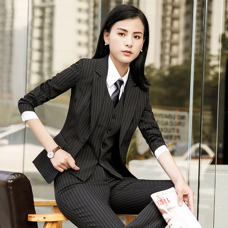 

Женский костюм с блейзером IZICFLY, деловой костюм в черно-синюю полоску с брюками, элегантный офисный костюм для работы на весну-осень