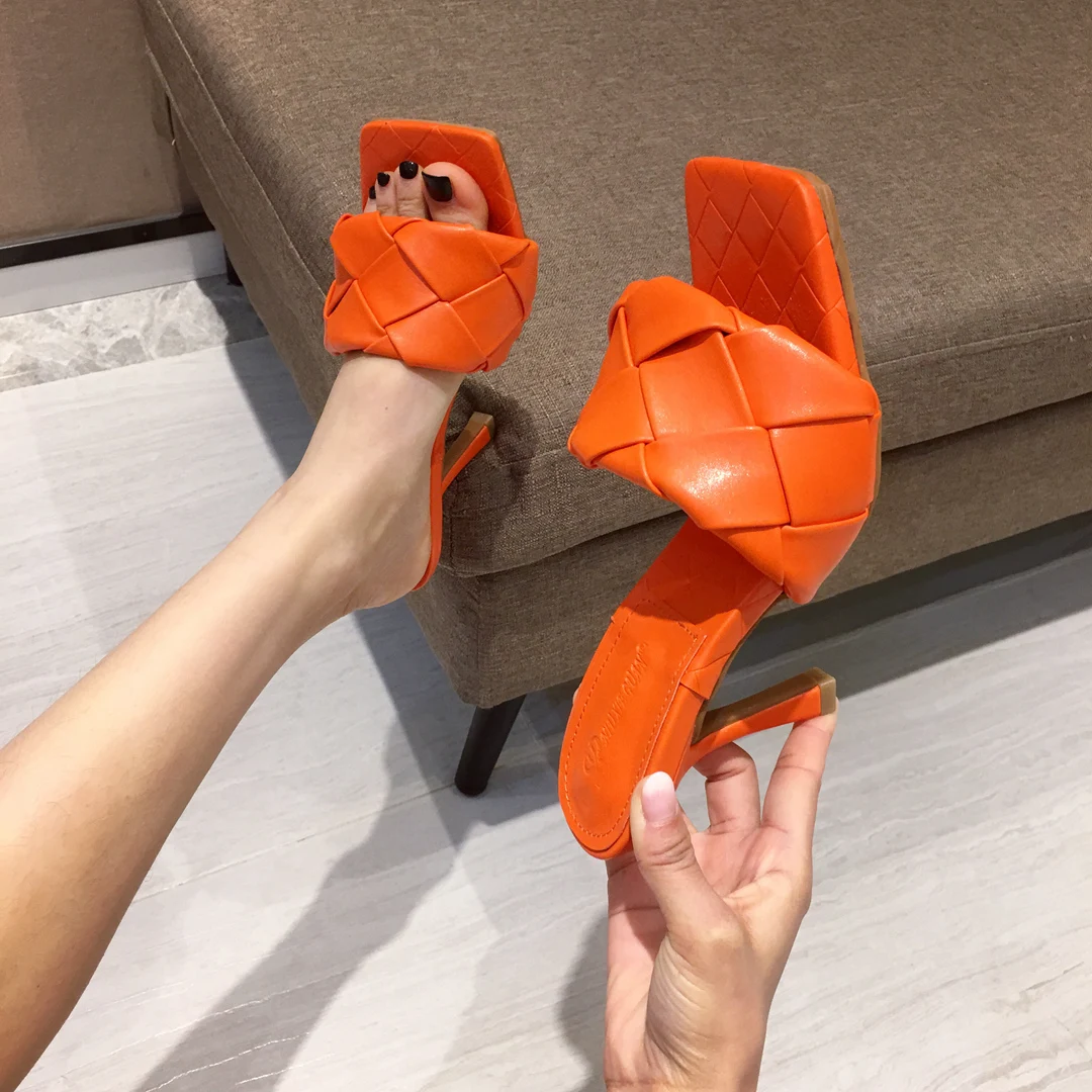 

2021 Slides Women 9cm High Heels Mules Fetish Summer Luxury Design Sandals Stiletto Weave Slippers Prom Platform Stripper Shoes