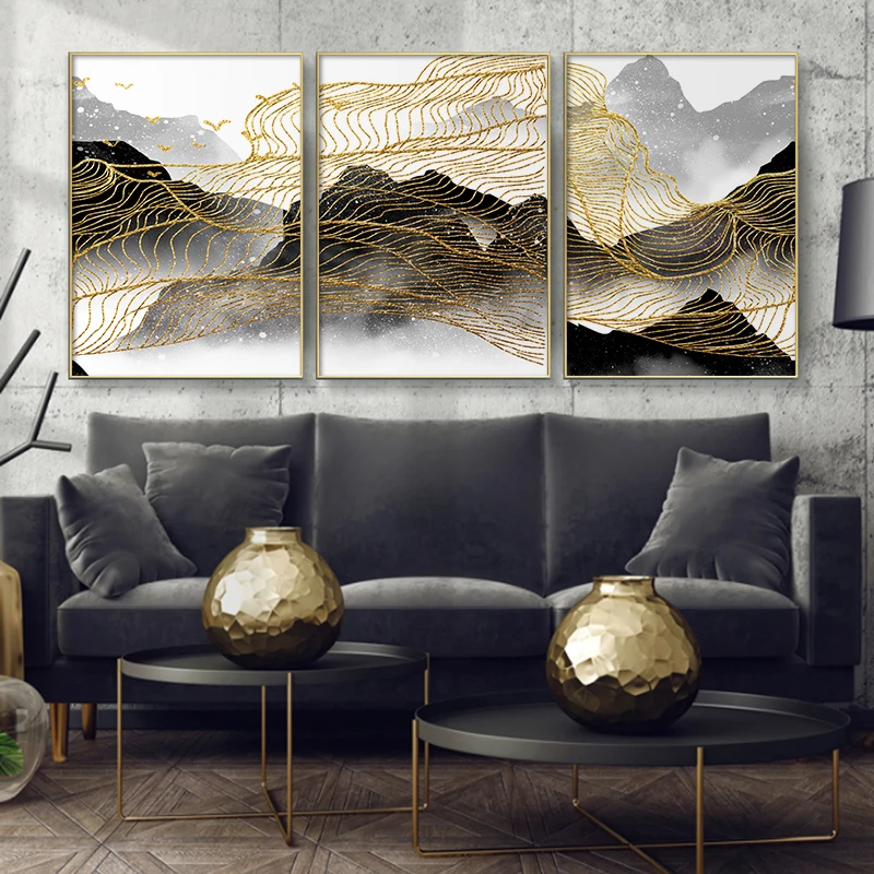 

Nordic Abstract Style Golden Mountain Canvas Landscape Painting Poster and Print Art Pictures for Home Room Wall Decor No Frame