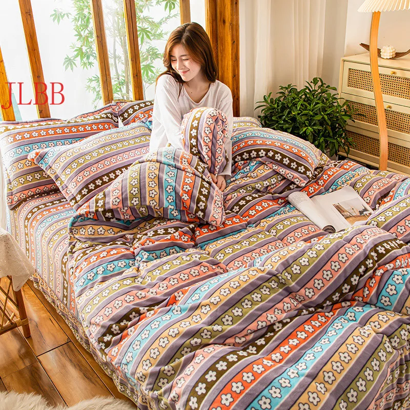 

2021 new bohemia style flannel fleece bedding set flower duvet cover set pastoral bed linen set winter warm thicken bedclothes