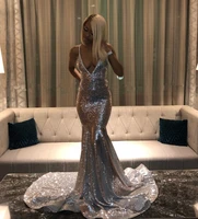 2019 deep v neck backless plus size black girls graduation party gowns bling silver sequined mermaid long african prom dresses