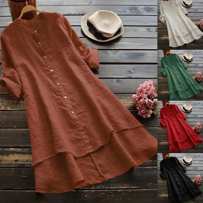 

Women's solid color button cotton and linen long sleeve long shirt
