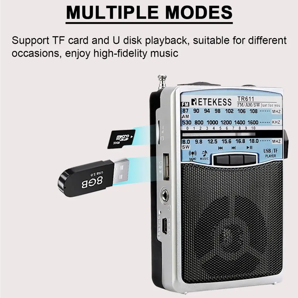 Retekess TR611 портативный FM AM SW 3 диапазона радио с разъемом для наушников USB TF плеер Поддержка MP3 формат