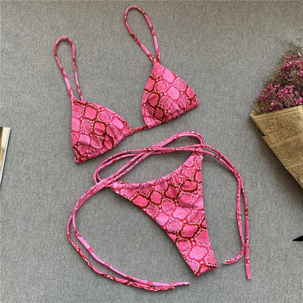 

2021 New Sexy Swimwear Hot Sale Women Two-piece Swimsuit Snake Print Backless Bandage Bikini Set Beachwear