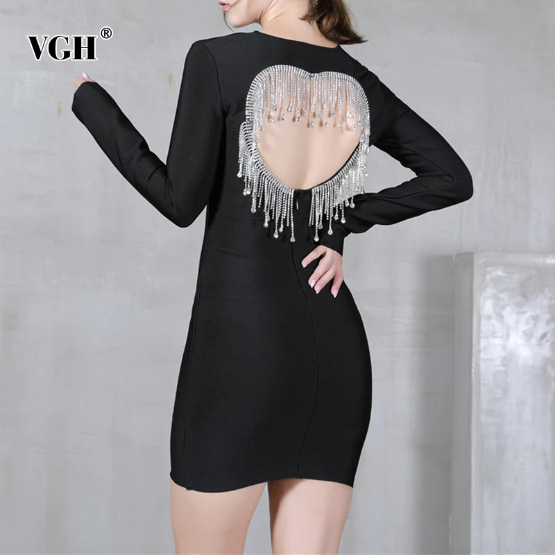 

VGH Casual Patchwork Tassel Dress Female Round Neck Long Sleeve Gathered Waist Temperament Dresses For Women Autumn New