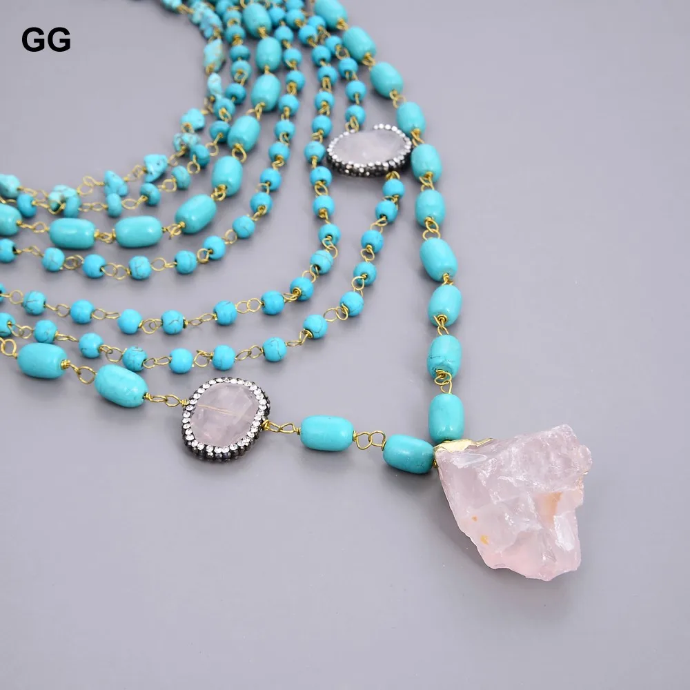 GG Jewelry 19 &quot-31&quot 7 нитей голубой бирюзовый камень кошачий глаз розовая подвеска в