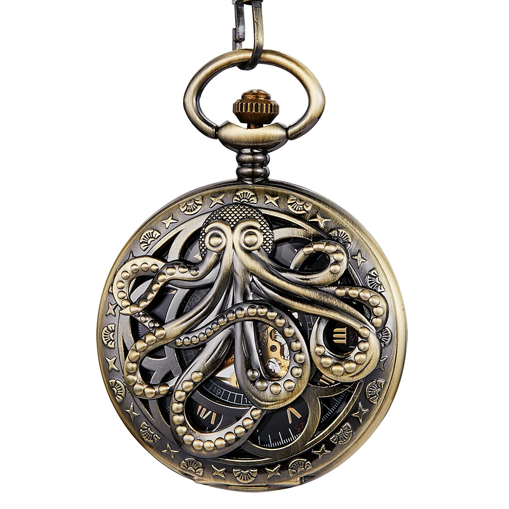 Gold Bronze Mechanical Pocket Watch Hollow Octopus Hand Wind Mechanical Watch Fob Chain Unique Skeleton Steampunk Clock reloj