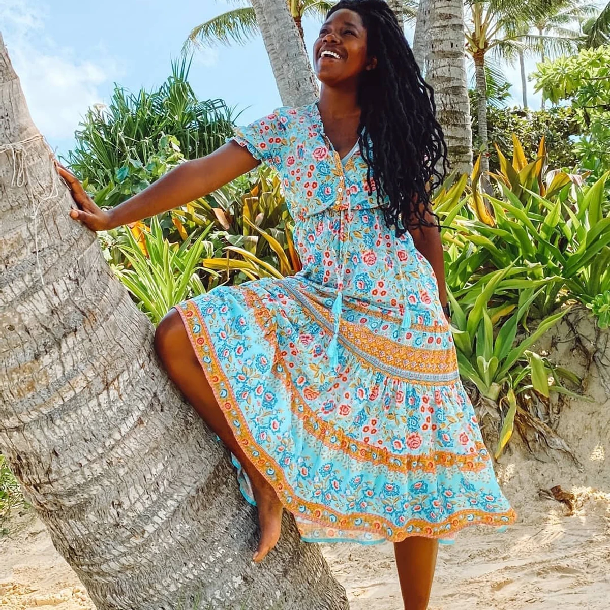 

Jastie Vintage Floral Print Dress Women Boho Beach Casual Dresses Puff Sleeve V Neck Midi Dress for Women 2022 Summer Clothing