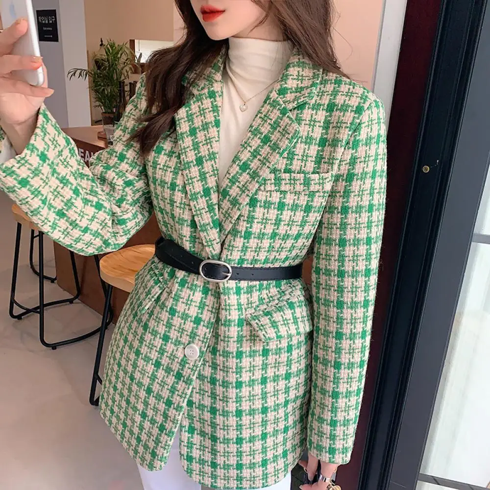 2022 Autumn High Street Houndstooth Blazer Warm Winter Jacket for Chic Woman Tweed Long Sleeve Thick Loose Padded Blazer Outwear