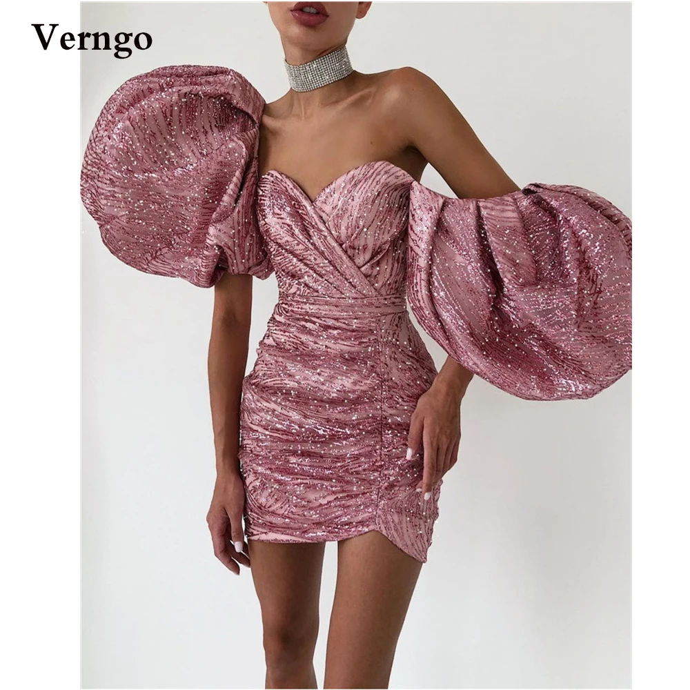 

Verngo Glitter Dusty Pink Cocktail Dresses Short Puff Sleeves Sweetheart Mini Prom Party Gowns 2021 Lady Formal Occasion Dress