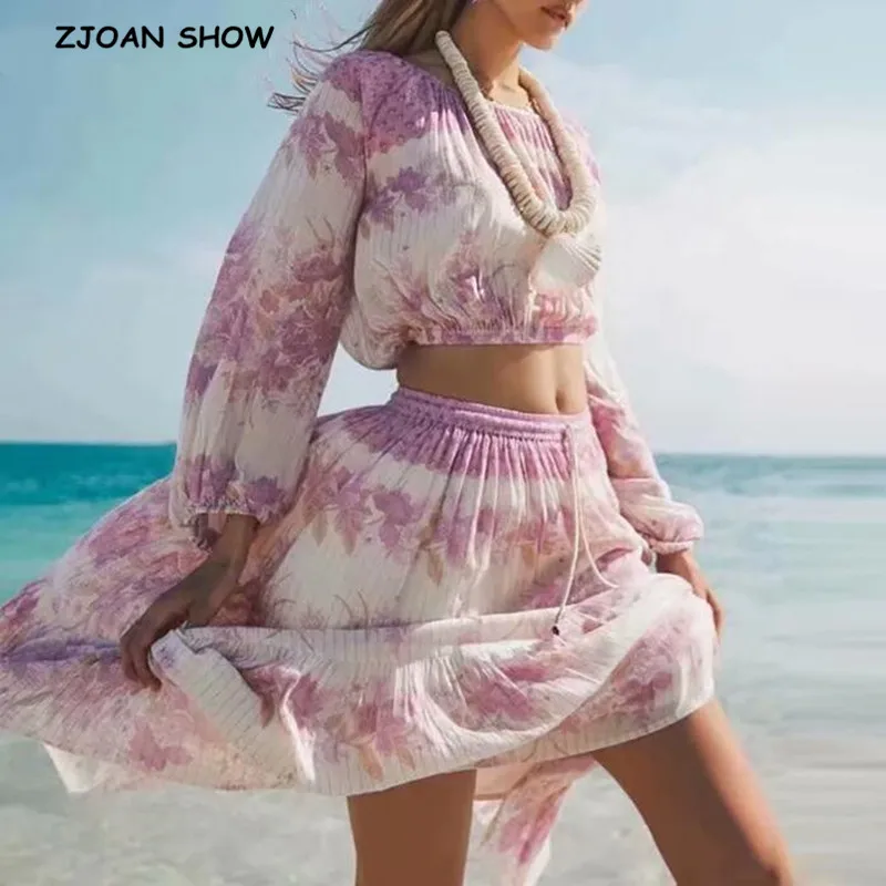 

2020 Bohemian Stream Flower Print Long Skirt Stitching Ruched Ruffle Hem Holiday Women Adjust Elastic Waist Swing Skirts Beach
