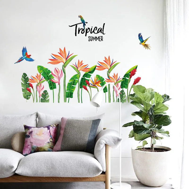 

Tropical Summer Green Leaves Birds of Paradise flower wall Stickers Home Decor Living Room Sofa Decoration self-adhesive Decals