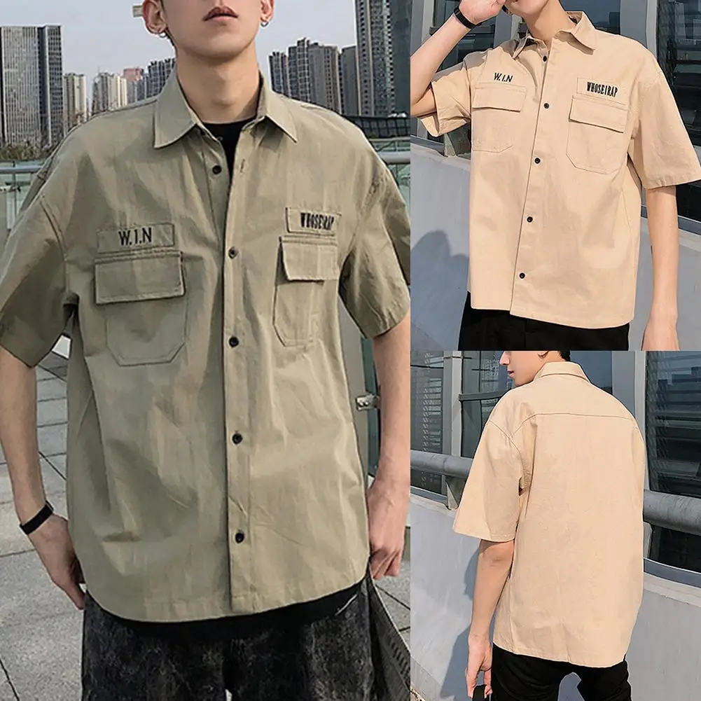 

Safari Style Stylish Short Sleeve Shirts Short Sleeve Tooling Shirt Turn-Down Collar Summer Men Loose Casual Top Workwear