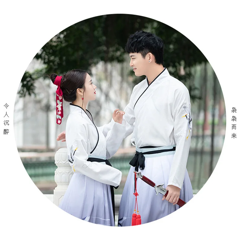 

Blue Couple Dynastie Tang Chinese Traditional Hanfu White Han Element Cotton Women and Man Skirt Elegant Costume Clothing New