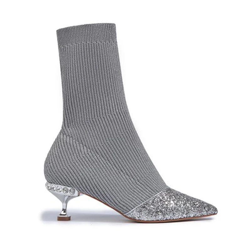 Silver Sock Boots Роскошные Стразы Обувь на каблуке-рюмочке Для женщин ботинки со стельками из шерсти Вязание Ботильоны украшенные кристаллами ботильоны Для женщин обувь на высоком каблуке - Цвет: Silver Sock Boots