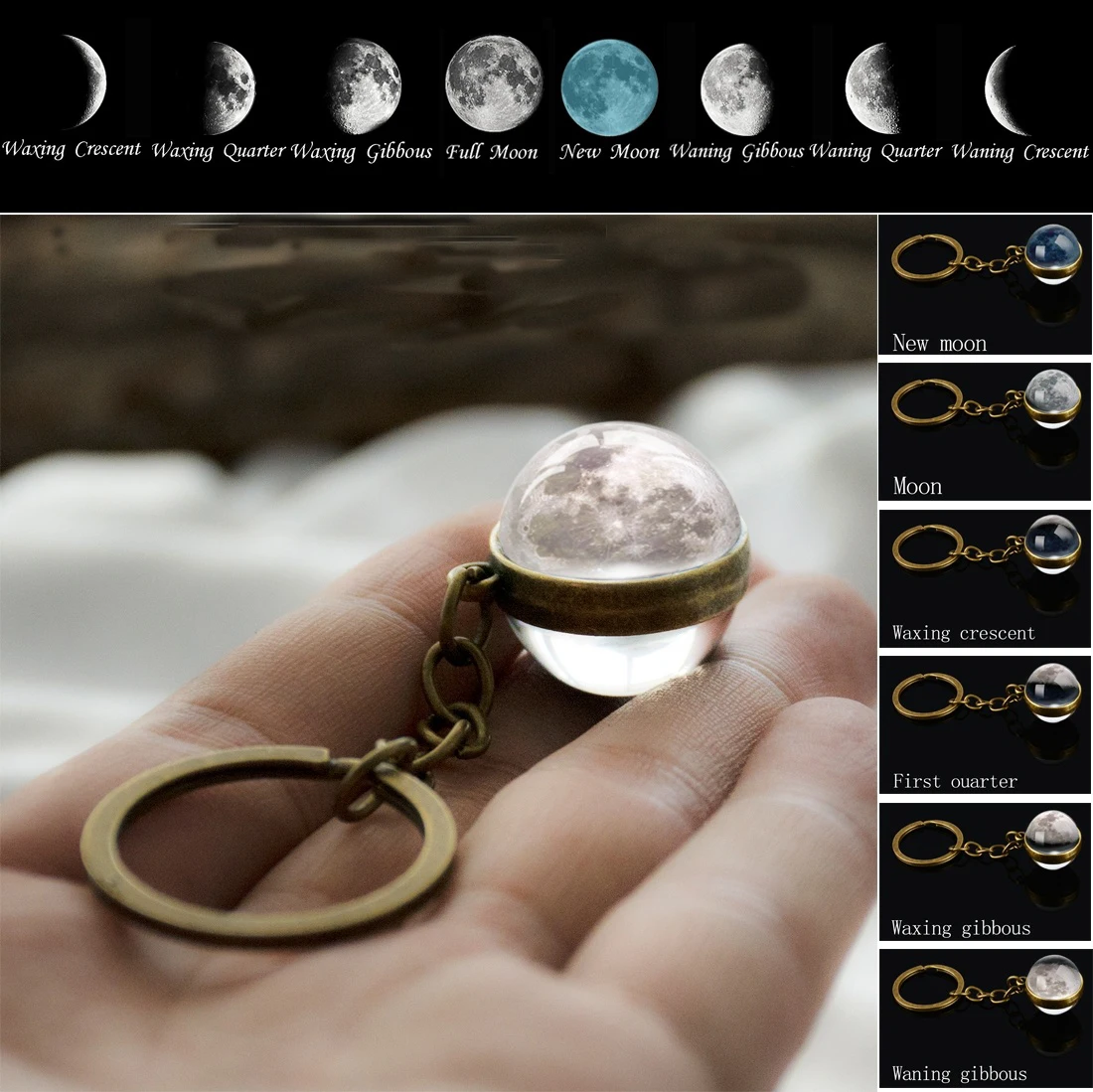 Moon Phase Image Keychain Planet Nebula Space Keyrings Galaxy Universe Moon Earth Sun Mars Solar System Double Sided Glass Ball