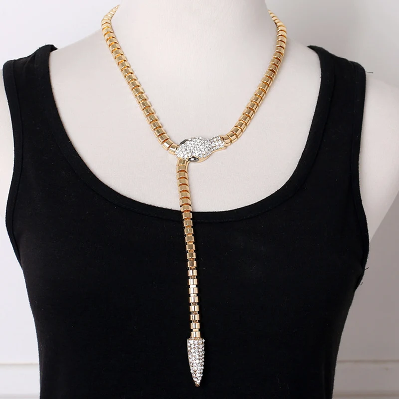 

Fashion Full Stone Snake Head Gold Color / Silver Color Exaggerated Personality Long Necklace
