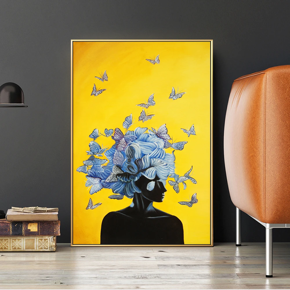 

Butterfly Girl Modern Wall Art Canvas Paintings Nordic Retro Anime Poster Prints African Black Woman Picture Bederoom Wall Decor