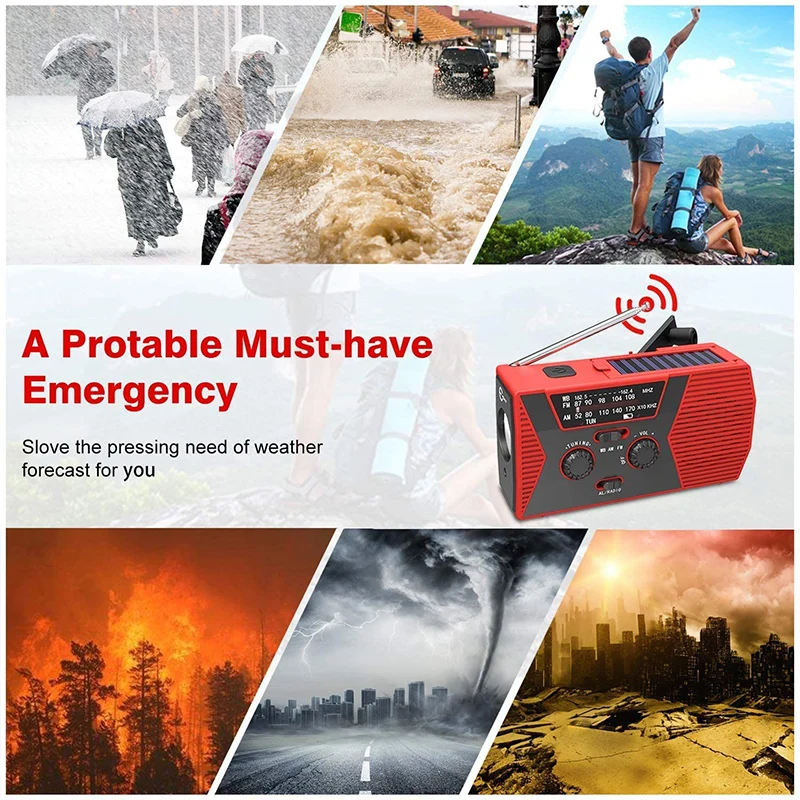 

Emergency Solar Hand Crank Portable Radio AM/FM/NOAA Weather Alert Radio with LED Flashlight, Reading Lamp 2000mAh Power Bank