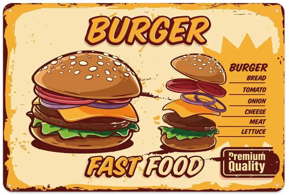 

Design Fast Food Hurger Tin Metal Wall Art Signs, Thick Tinplate Wall Decoration Print Poster for Kitchen/Hurger Shop/Restaurant