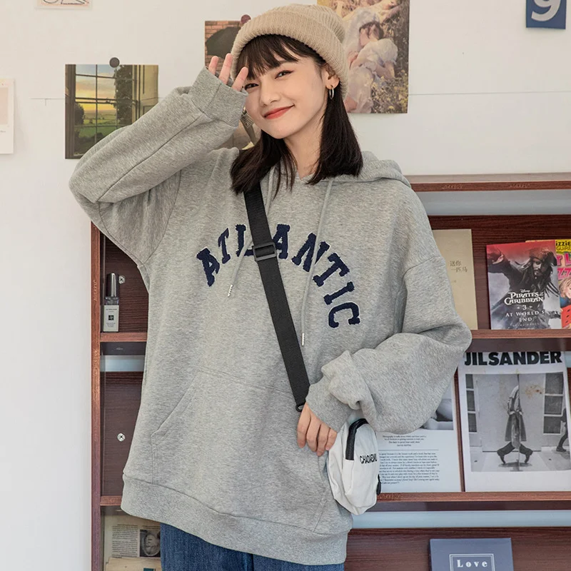 

Харадзюку стиль серый Принт толстовка средней длины привод с капюшоном карман свободный толстый Свитшот Повседневный En *