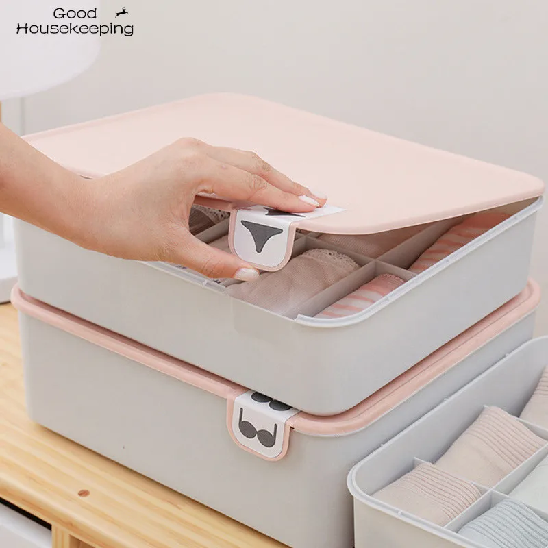

Household Plastic Underwear Storage Box with Mark Compartment Closet Organizer with Cover for Underwear Socks Bra Organizer